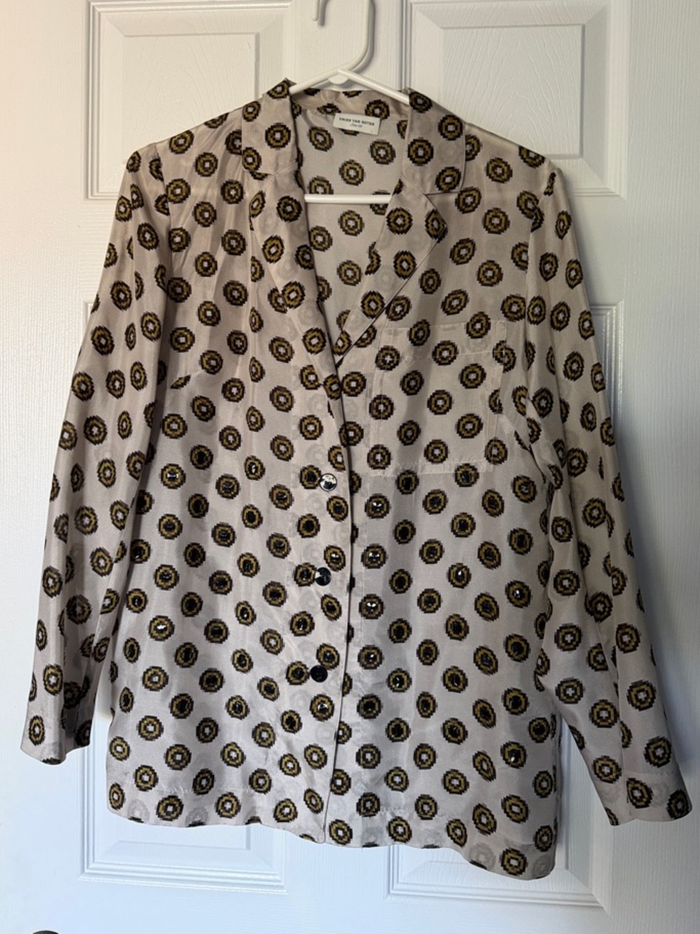 Dries Van Noten Beige Silk Top with Geometric Motif